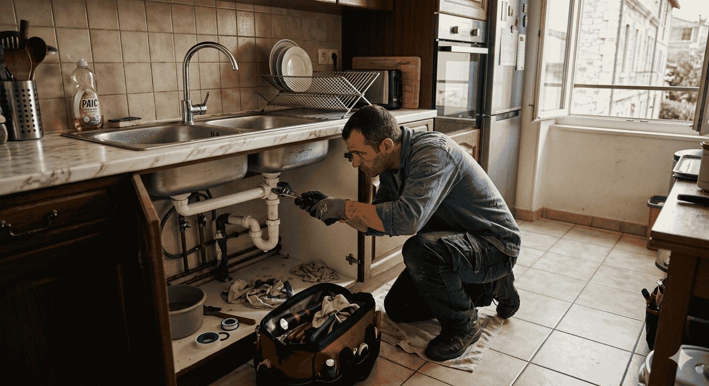 plombier en intervention de dépannage sous un évier