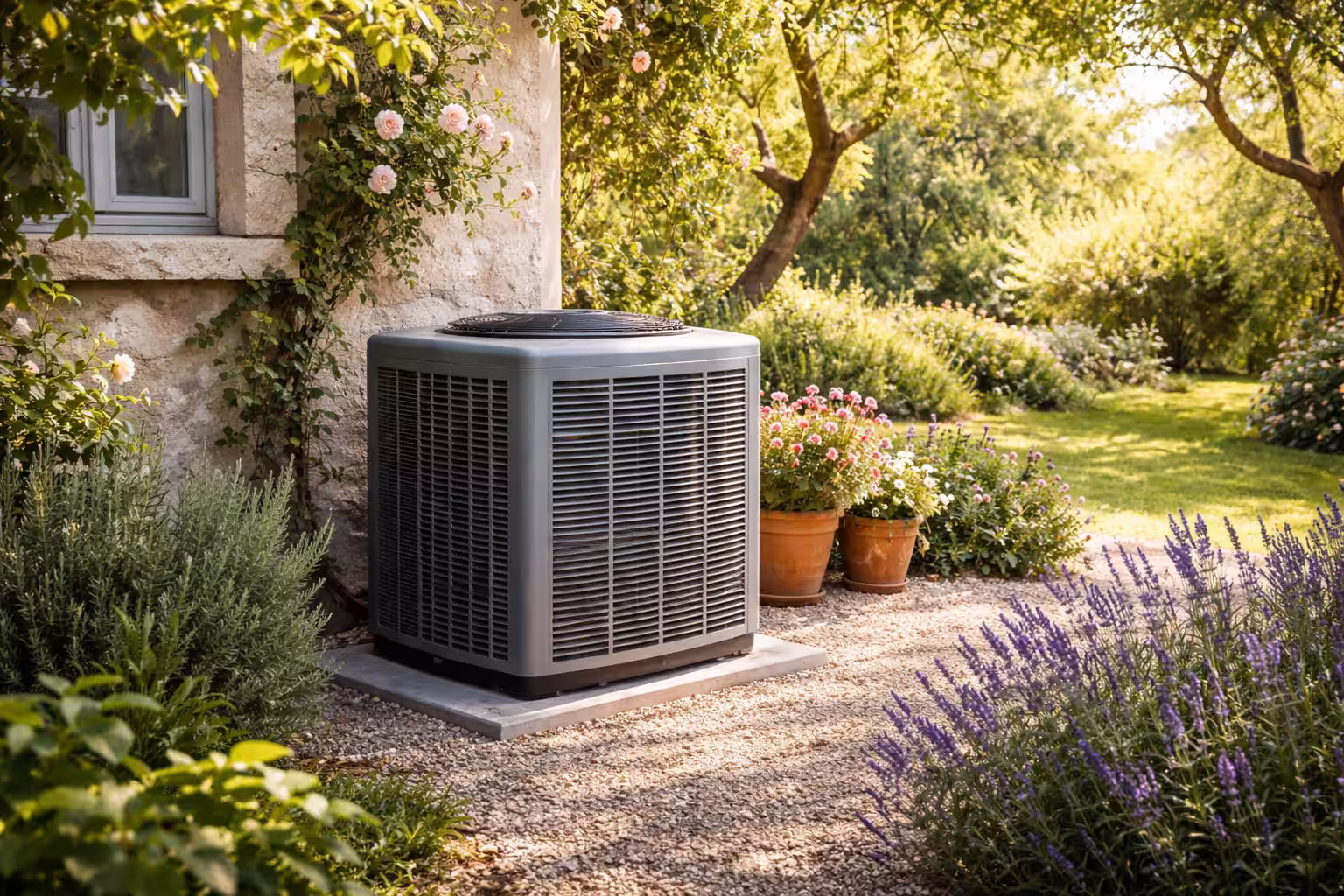 Unite extérieur d'une clim dans un jardin d'une maison provençale