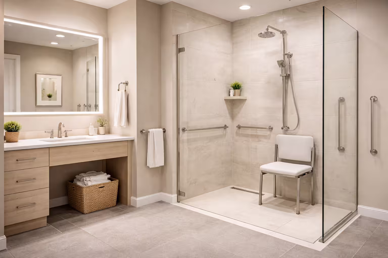 Salle de bain moderne et équipée pour personnes âgées et handicapée